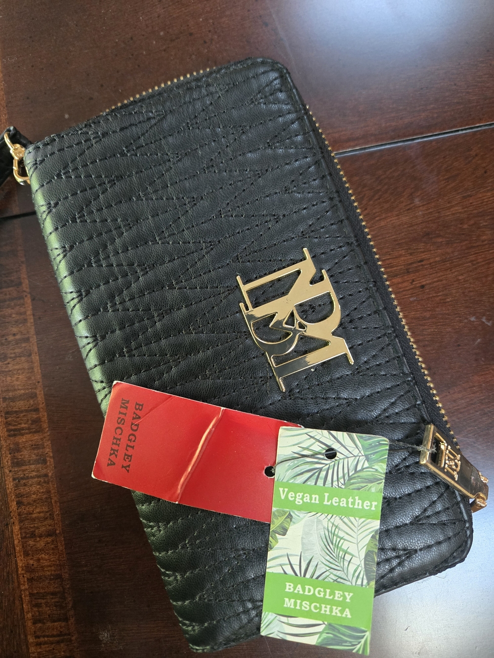 Badgley Mischka Black Vegan Leather Zip Wallet with Gold Logo